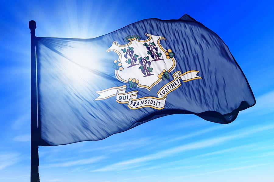 South Windsor, CT Insurance - The Connecticut State Flag Waving against a Blue Sky, Sun Shining Through